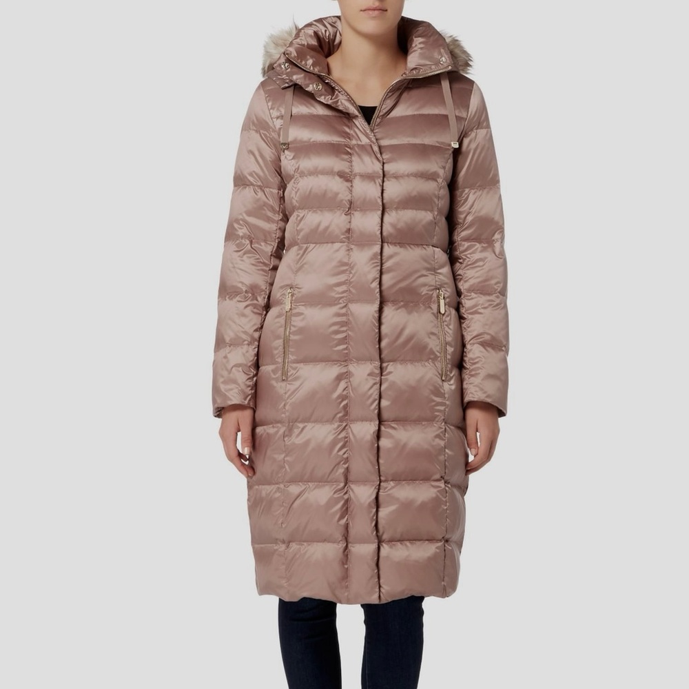 Eliza J Satin Down Coat with Faux Fur Removable Hood Rose Gold Quilted Puffer